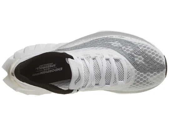 Women's Saucony Endorphin Pro 4. White upper. White midsole. Top view.