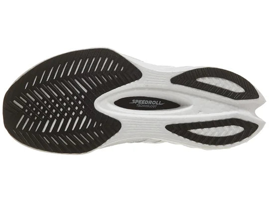 Women's Saucony Endorphin Pro 4. White upper. White midsole. Bottom view.