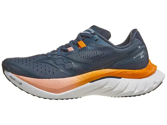 Women's Saucony Endorphin Speed 4. Dark grey upper. White midsole. Lateral view.