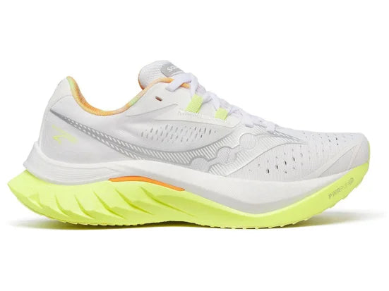 Women's Saucony Endorphin Speed 4. White upper. Yellow midsole. Lateral view.