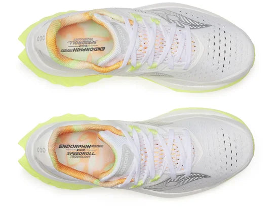 Women's Saucony Endorphin Speed 4. White upper. Yellow midsole. Top view.