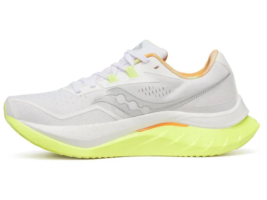 Women's Saucony Endorphin Speed 4. White upper. Yellow midsole. Medial view.