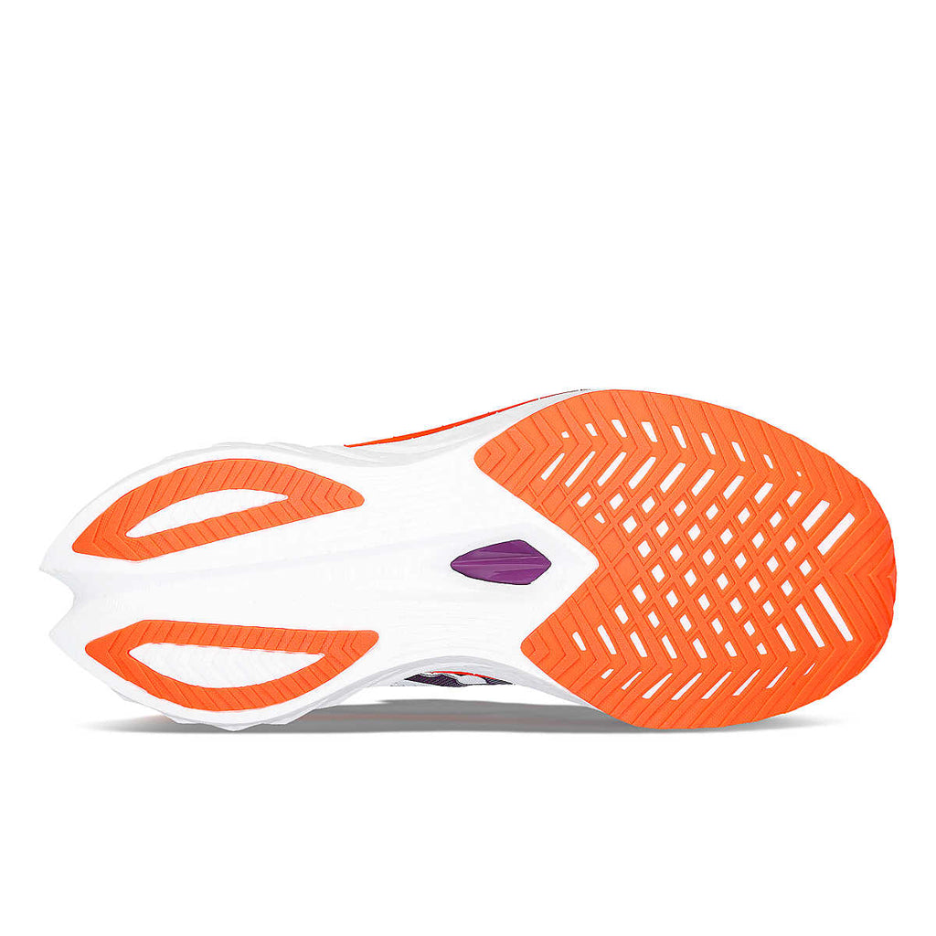 Women's Saucony Endorphin Speed 4. White upper. White midsole. Bottom view.