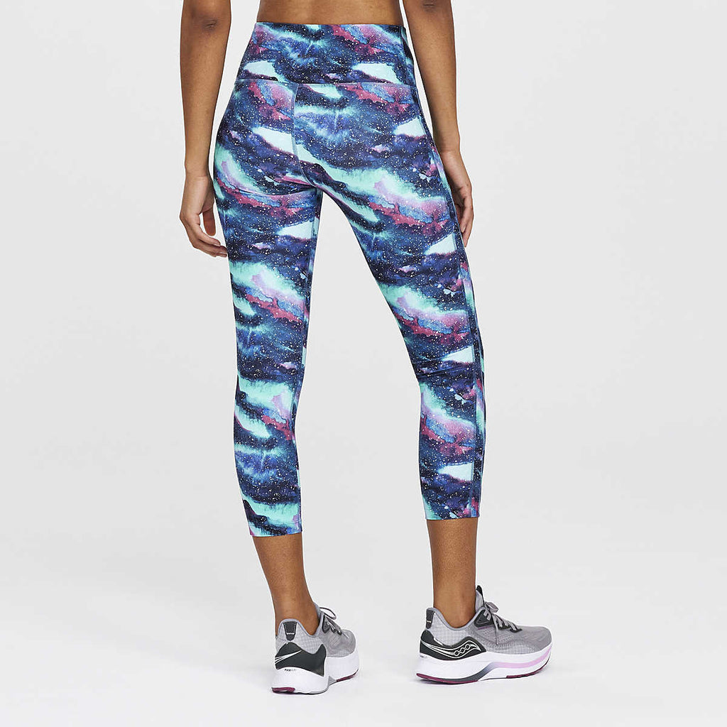 Women's Saucony Fortify Crop. Galaxy print. Rear view.