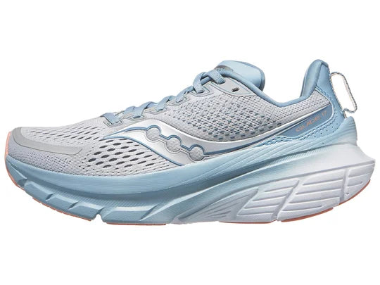 Women's Saucony Guide 17. Light Blue upper. White midsole. Lateral view.