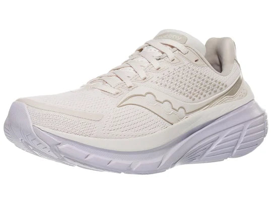 Women's Saucony Guide 17. Off white upper. White midsole. Lateral view.