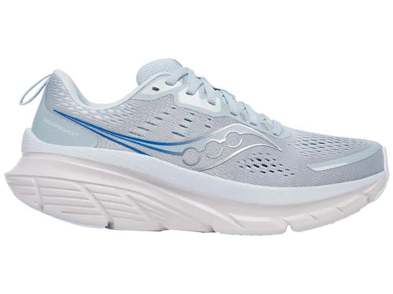 Women's Saucony Guide 18. Light Blue/Grey upper. White midsole. Lateral view.