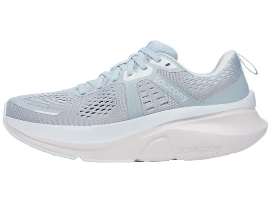 Women's Saucony Guide 18. Light Blue/Grey upper. White midsole. Medial view.