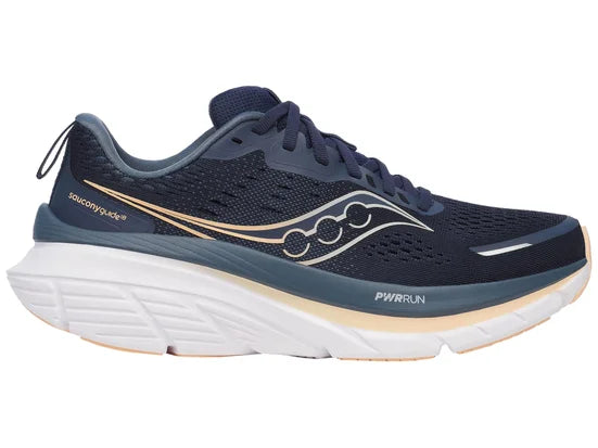 Women's Saucony Guide 18. Navy upper. White midsole. Lateral view.