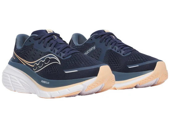 Women's Saucony Guide 18. Navy upper. White midsole. Lateral view.