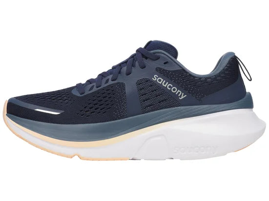 Women's Saucony Guide 18. Navy upper. White midsole. Medial view.