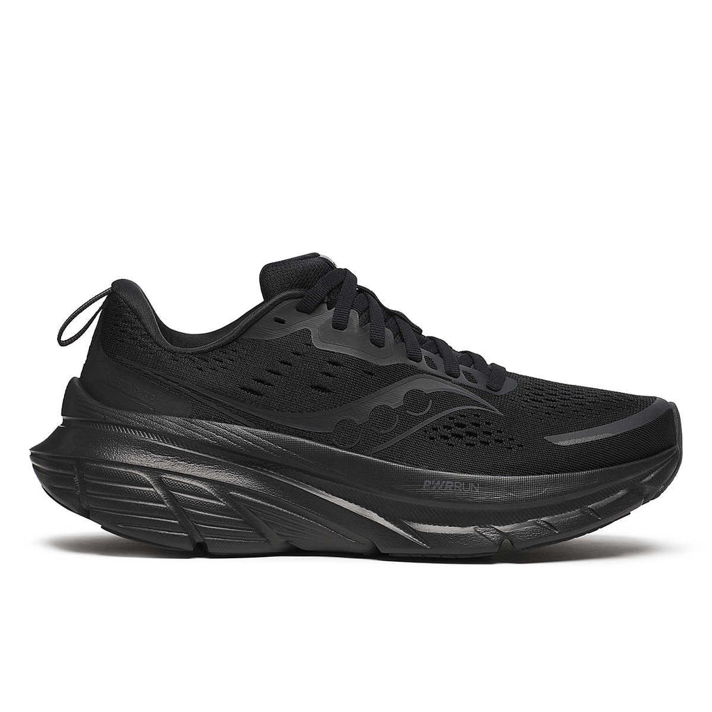 Women's Saucony Guide 18. Black upper. Black midsole. Lateral view.