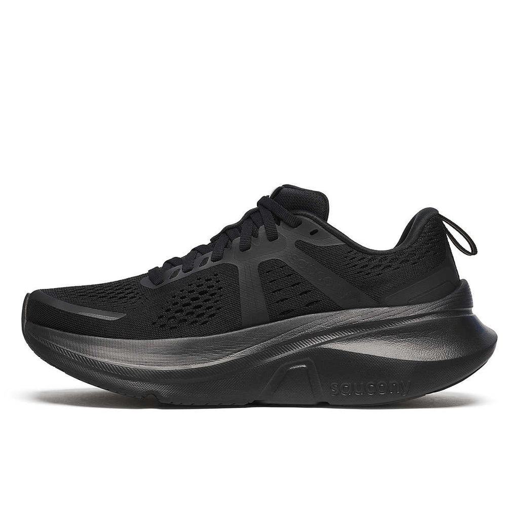 Women's Saucony Guide 18. Black upper. Black midsole. Medial view.