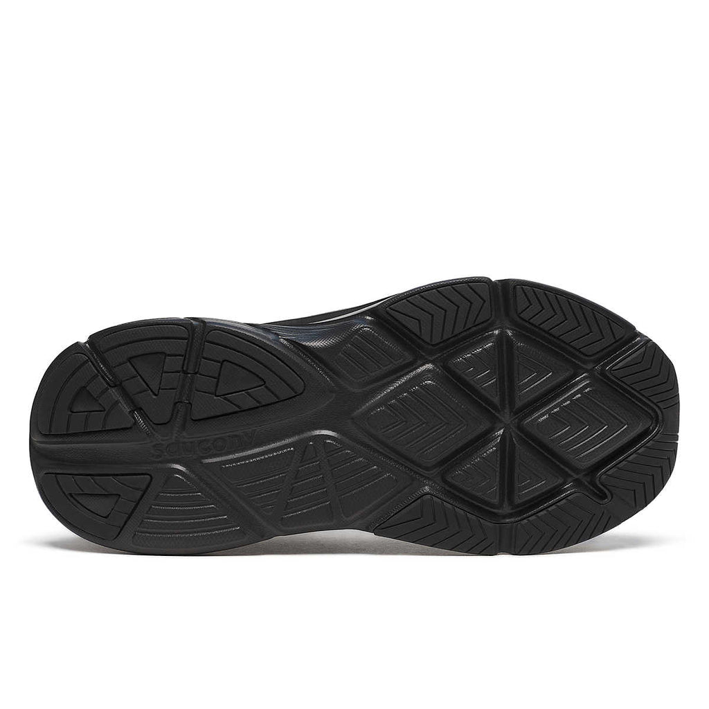 Women's Saucony Guide 18. Black midsole. Black outsole. Bottom view.