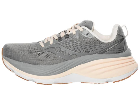 Women's Saucony Hurricane 24. Grey upper. White/Off White upper. Lateral view.