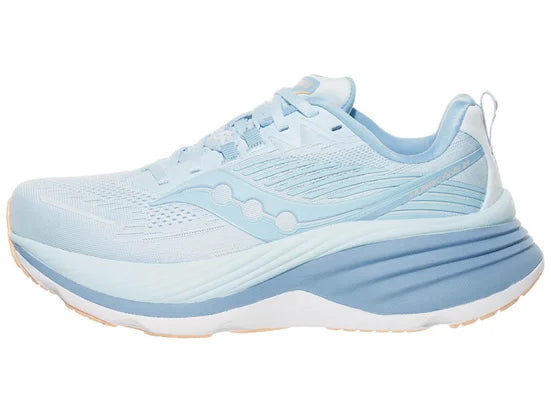 Women's Saucony Hurricane 24. Light Blue upper. White/Blue midsole. Lateral view.