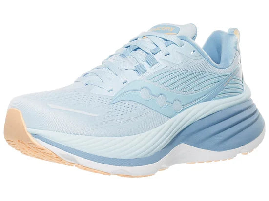 Women's Saucony Hurricane 24. Light Blue upper. White/Blue midsole. Lateral view.