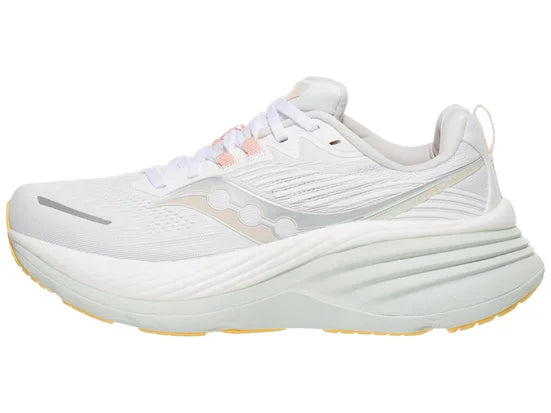 Women's Saucony Hurricane 24. White upper. White midsole. Lateral view.