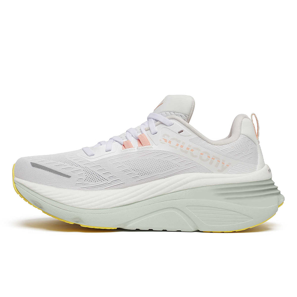 Women's Saucony Hurricane 24. White upper. White midsole. Medial view.
