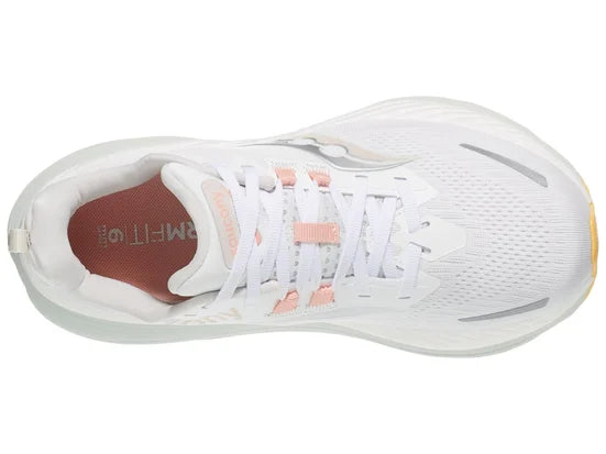 Women's Saucony Hurricane 24. White upper. White midsole. Top view.