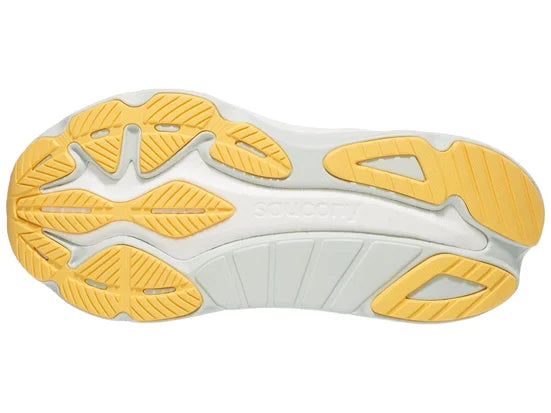 Women's Saucony Hurricane 24. White upper. White midsole. Bottom view.