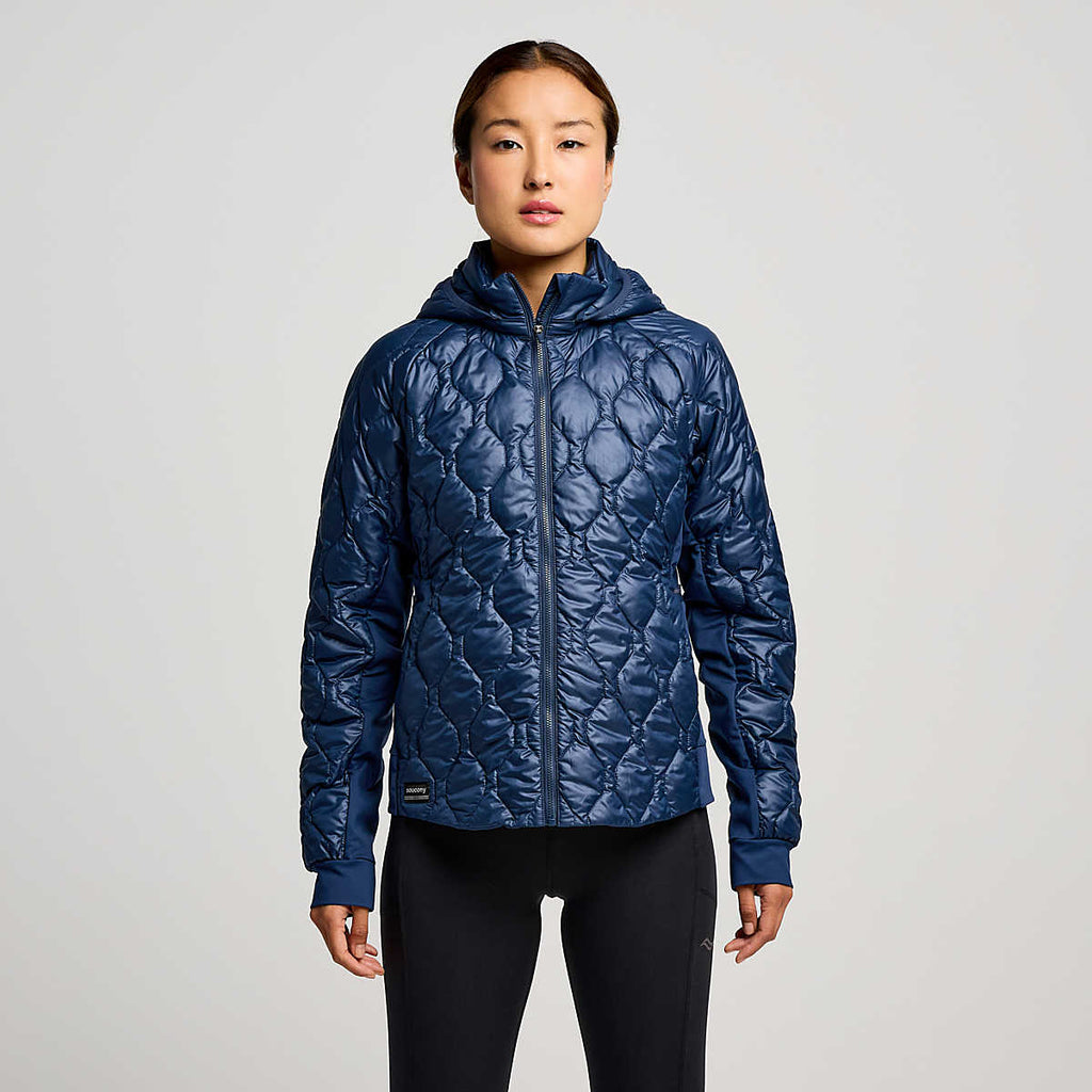 Women's Saucony Hurricane Insulated Jacket. Navy. Front view.