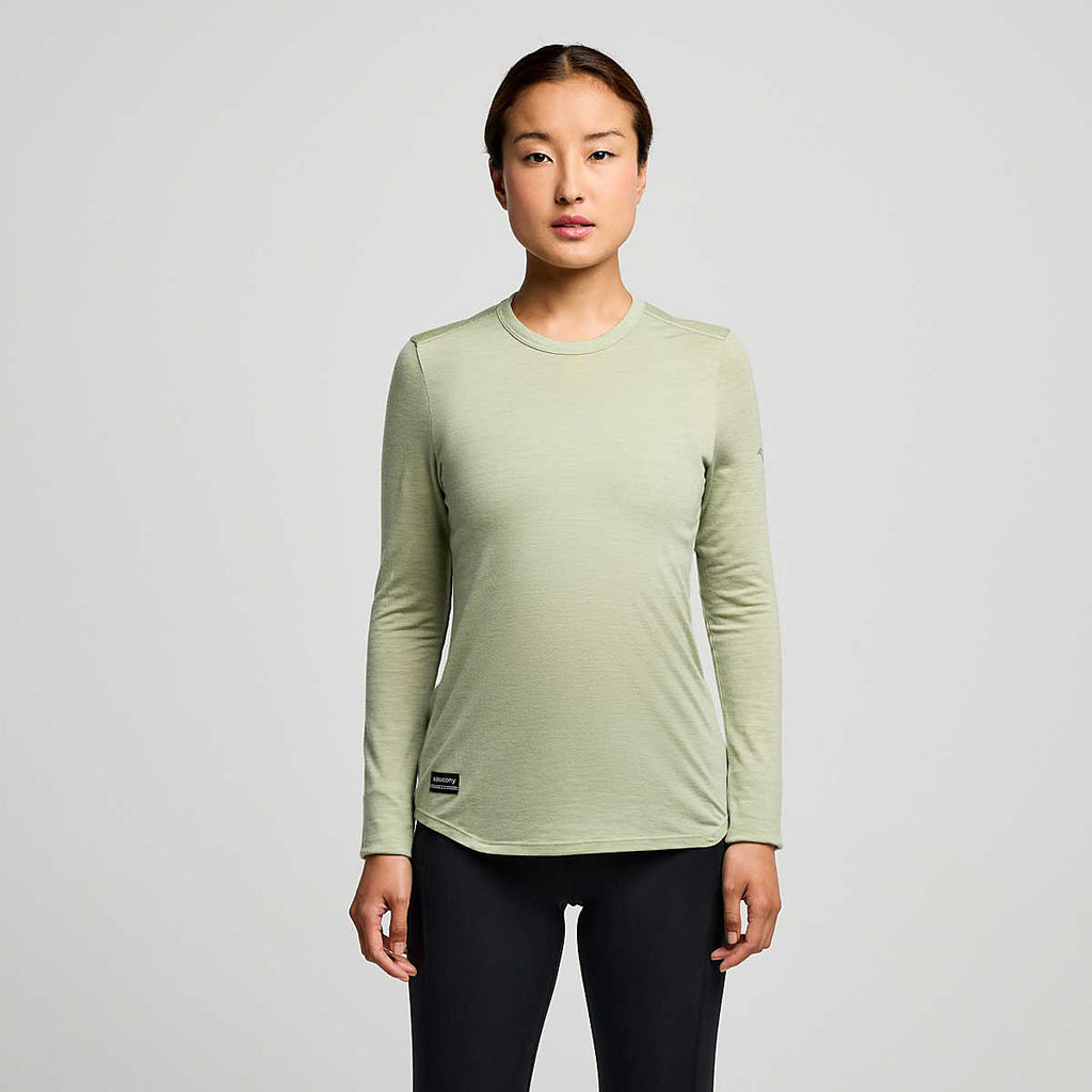 Men's Saucony Peregrine Merino Long Sleeve. Light Green. Front view.