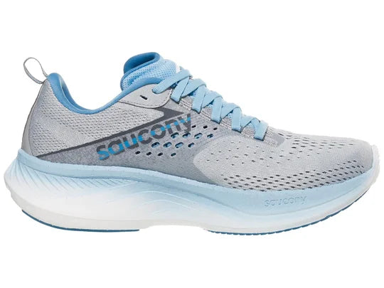 Women's Saucony Ride 17. Light Grey upper. White/Light Blue midsole. Medial view.