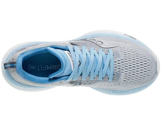 Women's Saucony Ride 17. Light Grey upper. White/Light Blue midsole. Top view.