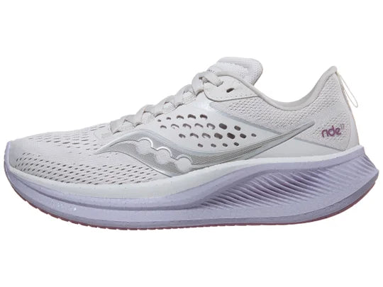 Women's Saucony Ride 17. White upper. Light pink midsole. Lateral view.