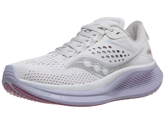 Women's Saucony Ride 17. White upper. Light pink midsole. Lateral view.