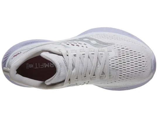 Women's Saucony Ride 17. White upper. Light pink midsole. Top view.