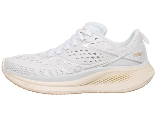 Women's Saucony Ride 17. White upper. White midsole. Lateral view.