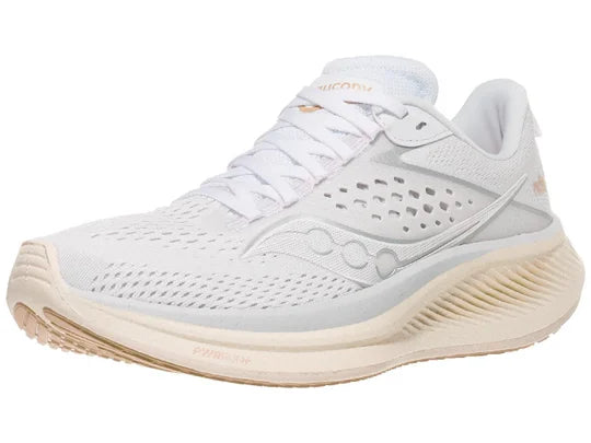 Women's Saucony Ride 17. White upper. White midsole. Lateral view.