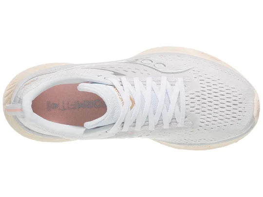 Women's Saucony Ride 17. White upper. White midsole. Top view.