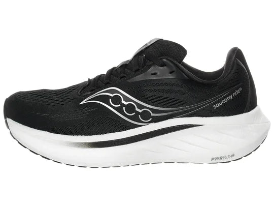 Women's Saucony Ride 18. Black upper. White midsole. Lateral view.