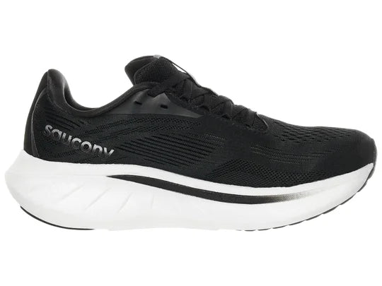 Women's Saucony Ride 18. Black upper. White midsole. Medial view.