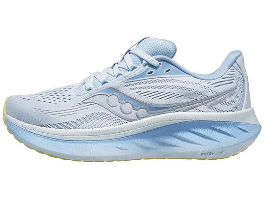 Women's Saucony Ride 18. Light Blue upper. Light Blue midsole. Lateral view.