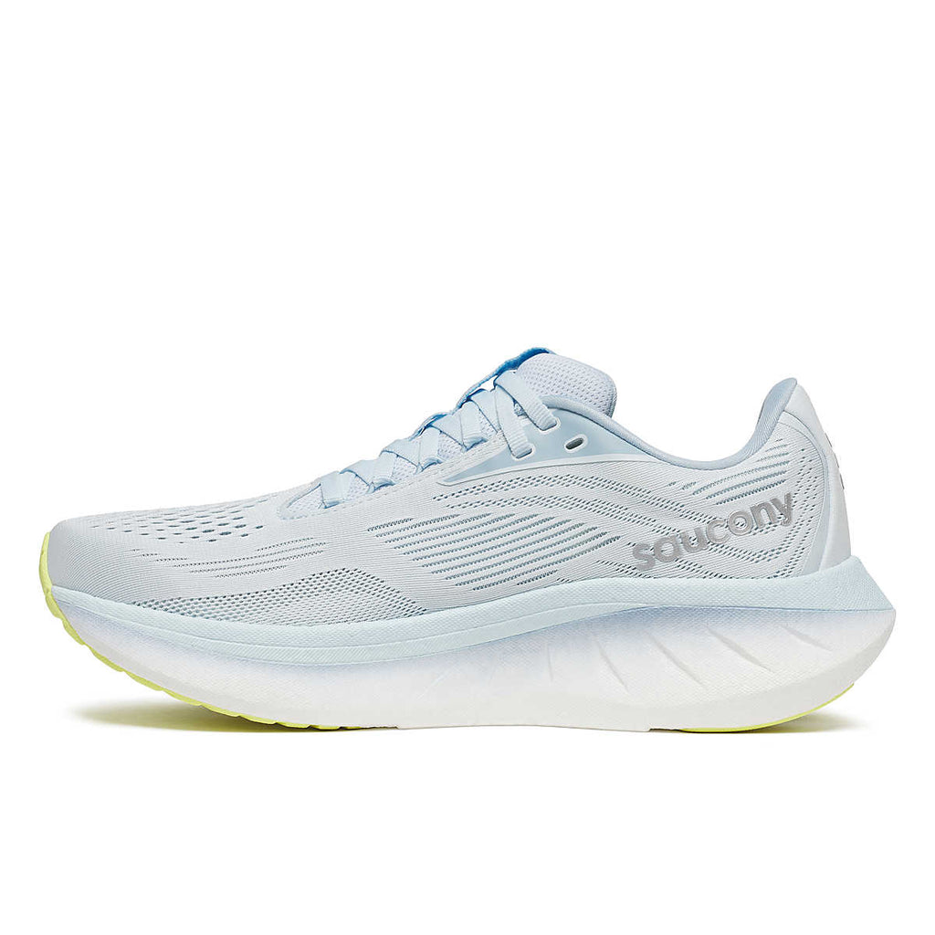 Women's Saucony Ride 18. Light Blue upper. Light Blue midsole. Medial view.