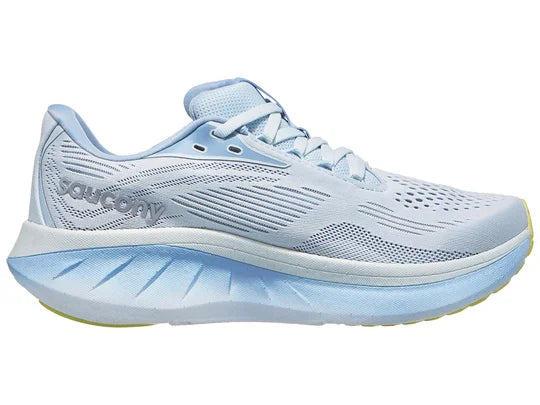 Women's Saucony Ride 18. Light Blue upper. Light Blue midsole. Medial view.