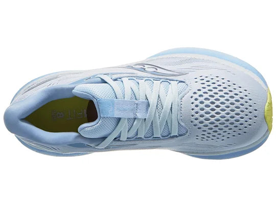 Women's Saucony Ride 18. Light Blue upper. Light Blue midsole. Top view.