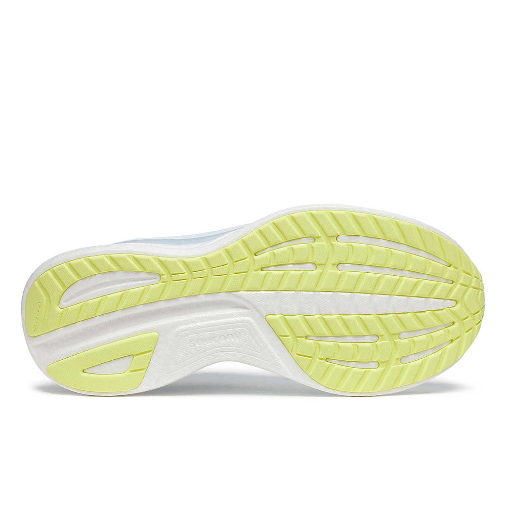Women's Saucony Ride 18. Light Blue upper. Light Blue midsole. Bottom view.