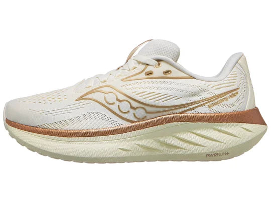 Women's Saucony Rider 18. White upper. Off White midsole. Lateral view.