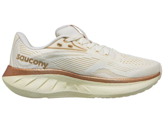 Women's Saucony Rider 18. White upper. Off White midsole. Medial view.