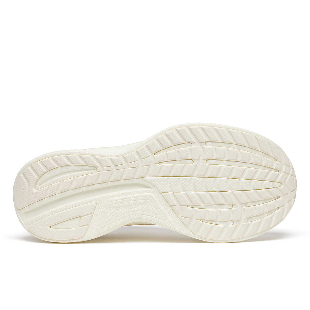 Women's Saucony Rider 18. Off White upper. Off White midsole. Bottom view.