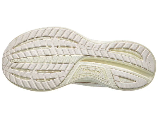 Women's Saucony Rider 18. White upper. Off White midsole. Bottom view.