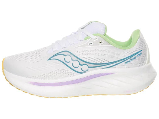 Women's Saucony Ride 18. White upper. White midsole. Lateral view.