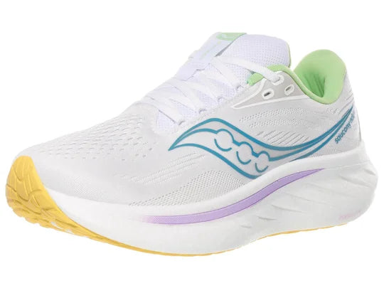 Women's Saucony Ride 18. White upper. White midsole. Lateral view.