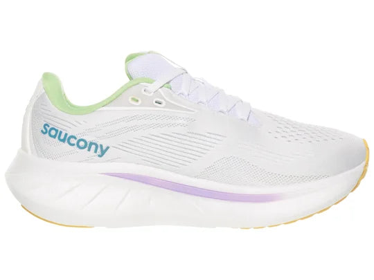 Women's Saucony Ride 18. White upper. White midsole. Medial view.