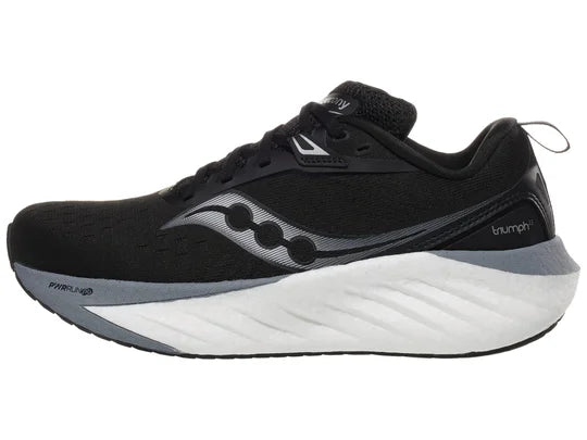 Women's Saucony Triumph 22. Black upper. White midsole. Lateral view.